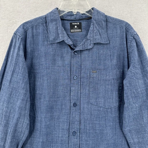 Hurley Button‎ Down Blue Denim Shirt Long Sleeve Cotton Mens Lg - Picture 1 of 11